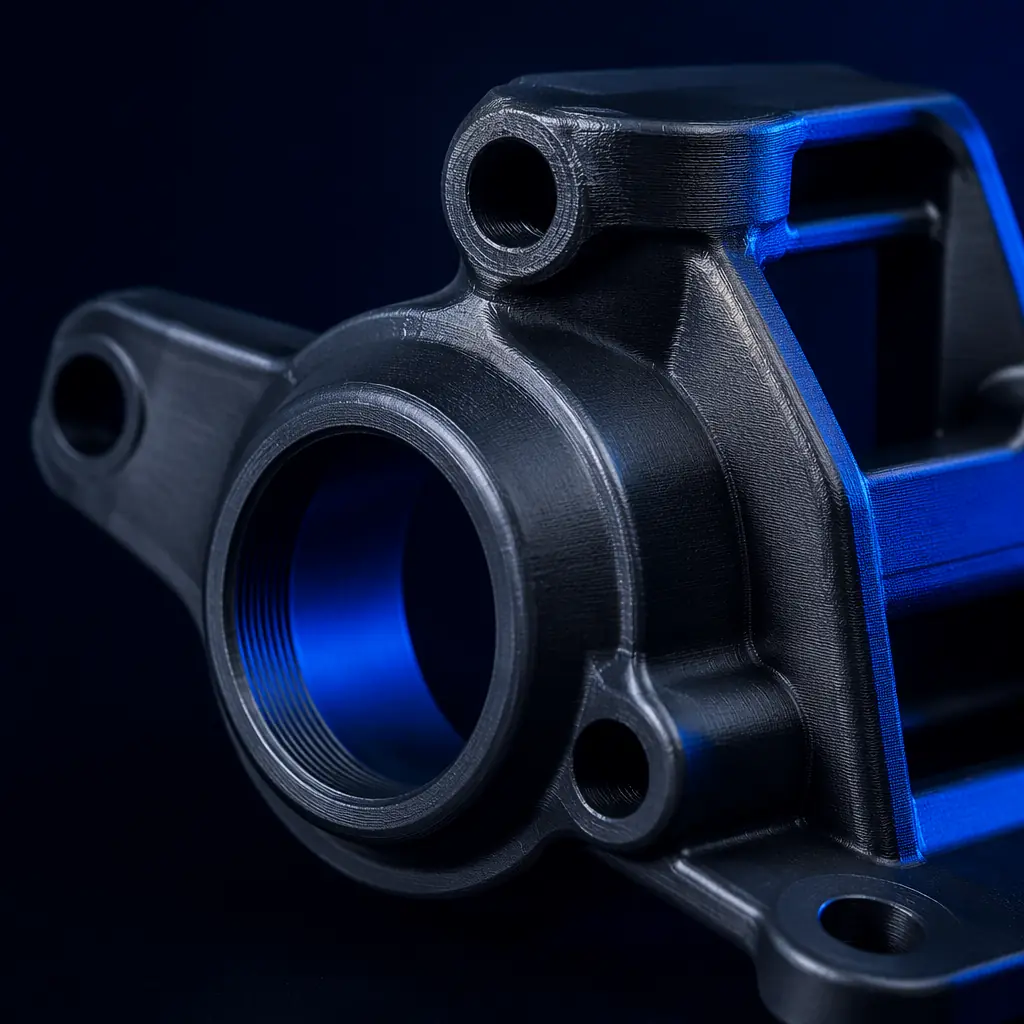 Enclosed 3D printer with transparent panels and visible internal chamber showing hotend printing ABS part, thermal glow visible through chamber walls, industrial lab setting with deep navy background and electric blue accent lighting