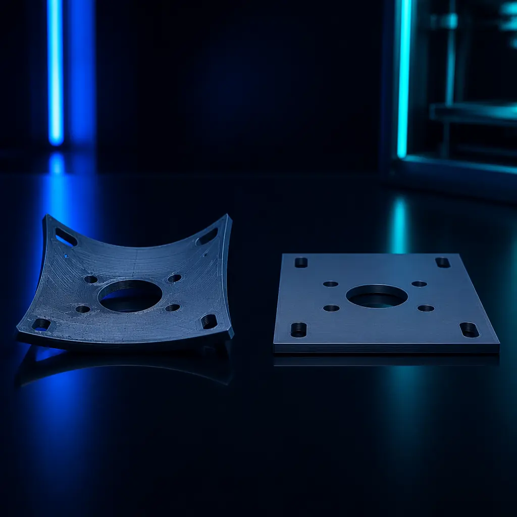 Macro close-up of 3D printed ABS part showing excellent layer adhesion quality with smooth surface finish, proper chamber temperature result, studio product photography with cool teal accent light on dark navy background