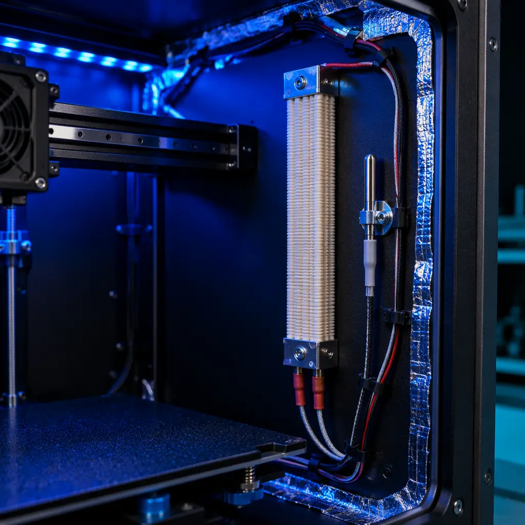 Side-by-side comparison of two 3D printed parts on dark reflective surface — left part warped and curled from cold printing, right part perfectly flat and straight from active chamber heating, dramatic studio lighting with electric blue accent