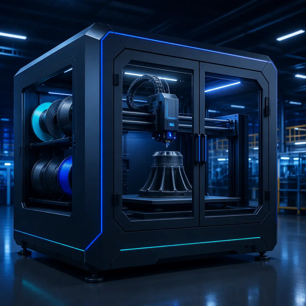 3D printer enclosure interior showing PTC ceramic heater element and thermistor sensor mounted inside chamber wall, wiring routing visible along frame, DIY upgrade context in workshop setting with deep navy background and teal secondary accents