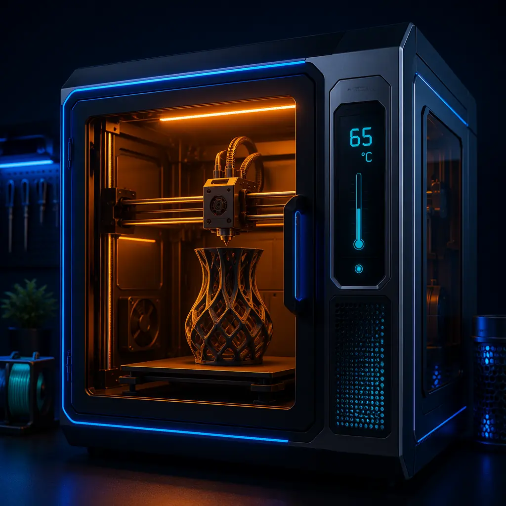 Industrial 3D printer with large format fully-enclosed heated chamber, engineering-grade filament spools including PC and Nylon visible through transparent chamber panels, factory production environment with deep navy and electric blue lighting