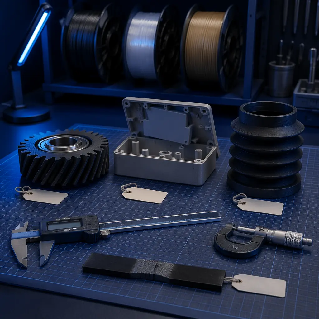 Array of functional end-use 3D printed parts on black engineering workbench surface: carbon-fiber nylon bracket with visible layer structure under digital caliper inspection, PETG electronics enclosure with snap-fit features, TPU flexible bellow, PC replacement gear with metal insert, each labeled with functional specification card, industrial quality control lighting