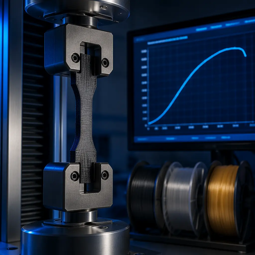 Close-up macro shot of 3D printed functional part undergoing tensile testing on materials testing machine, digital force-displacement graph on adjacent monitor screen, engineering filament spools (CF-PA, PC, PEI) arrayed behind test apparatus, laboratory lighting with focused illumination on test specimen, clean industrial testing environment