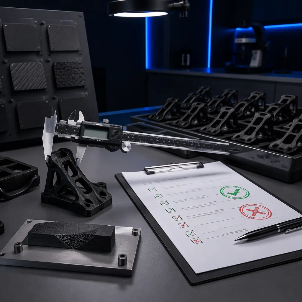 Quality control inspection station for 3D printed production parts: digital caliper measuring dimensional accuracy on CF-PA bracket, test coupon from same print batch visible with fracture surface, inspection checklist clipboard with pass/fail stamps, array of accepted parts in anti-static tray, professional QC laboratory lighting with blue accent highlights