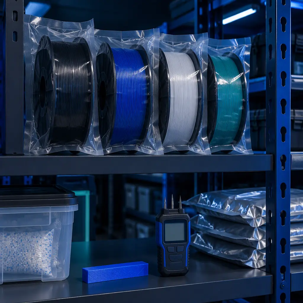 Photograph of labelled filament spools on an industrial rack with lot number labels visible beside a moisture meter and a printed test specimen on a dark workbench under cool blue lighting