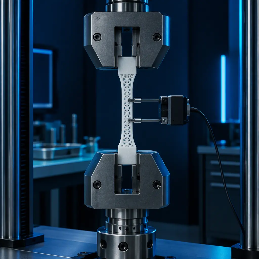 Photograph of 3D printed end-use components loaded in a universal testing machine fixture on a laboratory bench with force display visible, industrial lighting