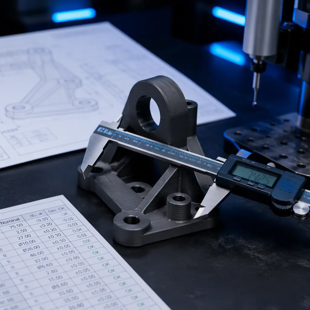 Engineering inspection bench with a 3D printed functional end-use component beside a technical drawing, calipers and a measurement record sheet on a dark surface
