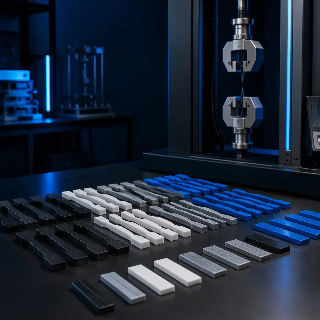 Laboratory bench with 3D printed test coupons arranged in rows beside a universal testing machine, dark studio lighting
