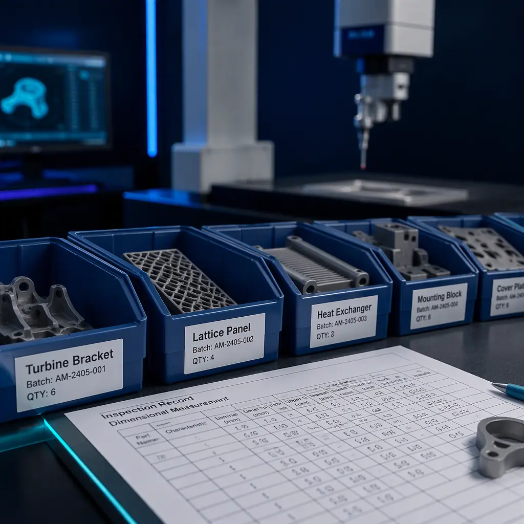 Close-up of an inspection record sheet and labelled part bins on a dark quality-control bench in an additive manufacturing facility