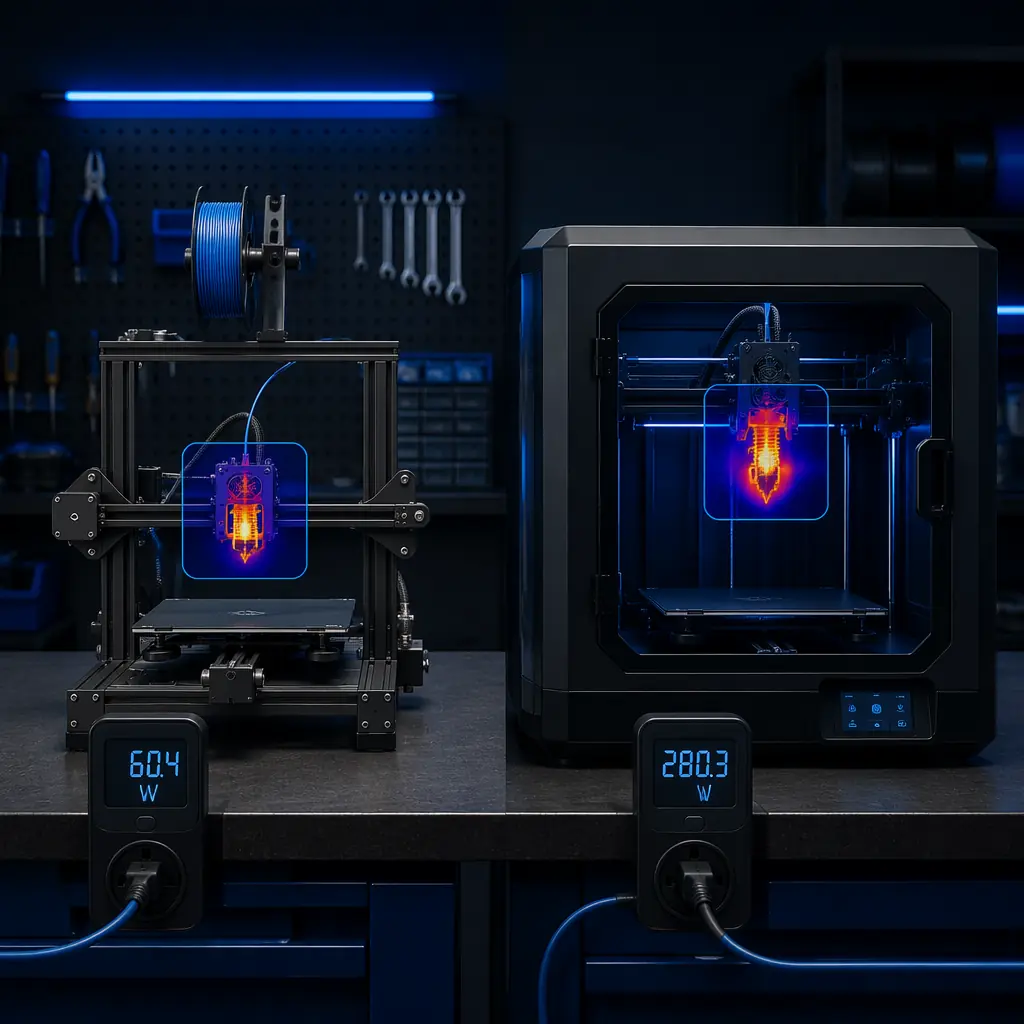 Rows of 3D printers operating in print farm, LED status indicators visible, power monitoring dashboard on wall-mounted screen showing real-time wattage data, industrial lighting
