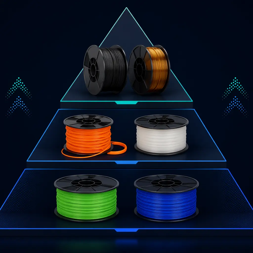 Engineering filament spools comparison: PLA, PETG, ABS, TPU, Nylon, Carbon Fiber — color-coded by application category