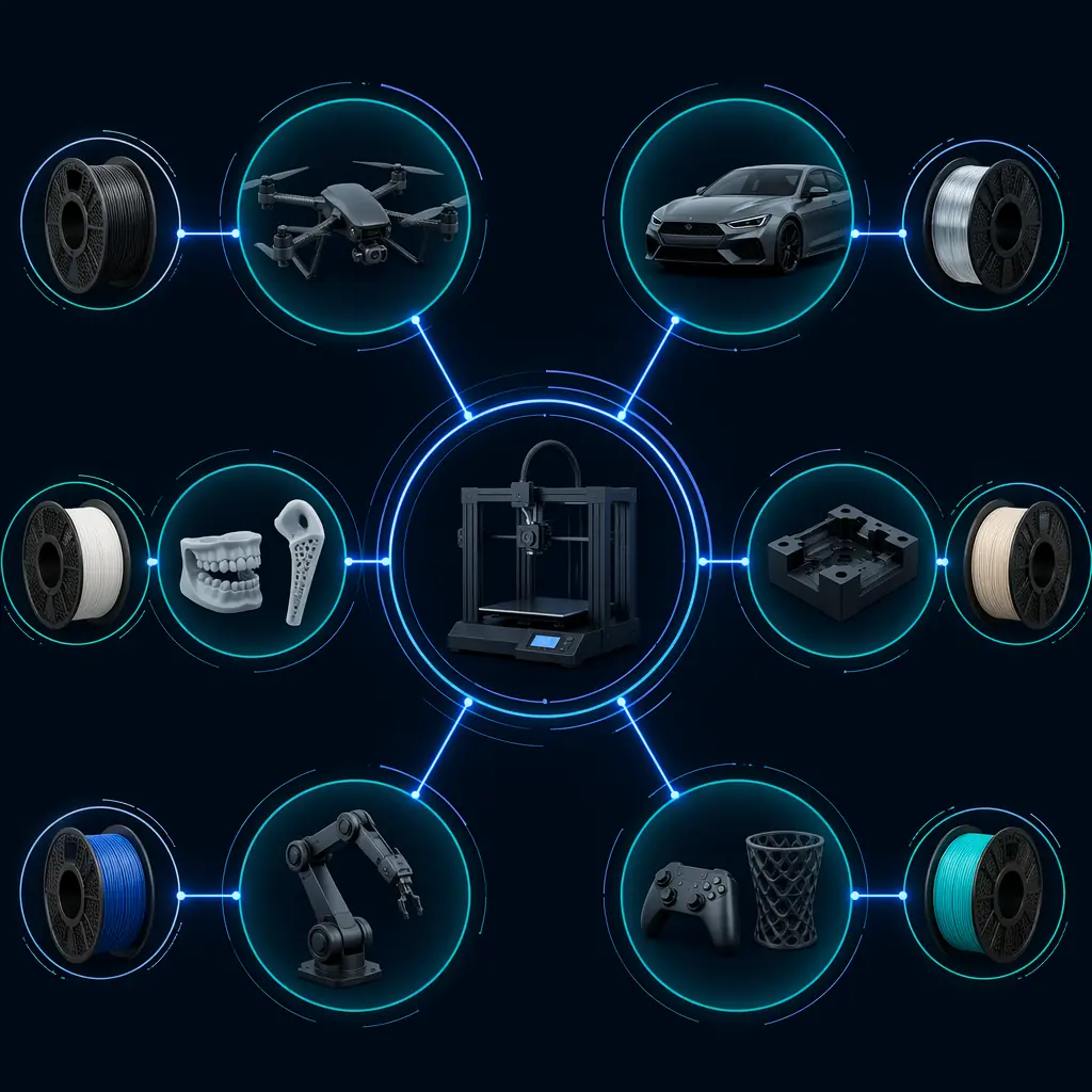 Application mapping diagram showing which engineering filament to use for each industry vertical