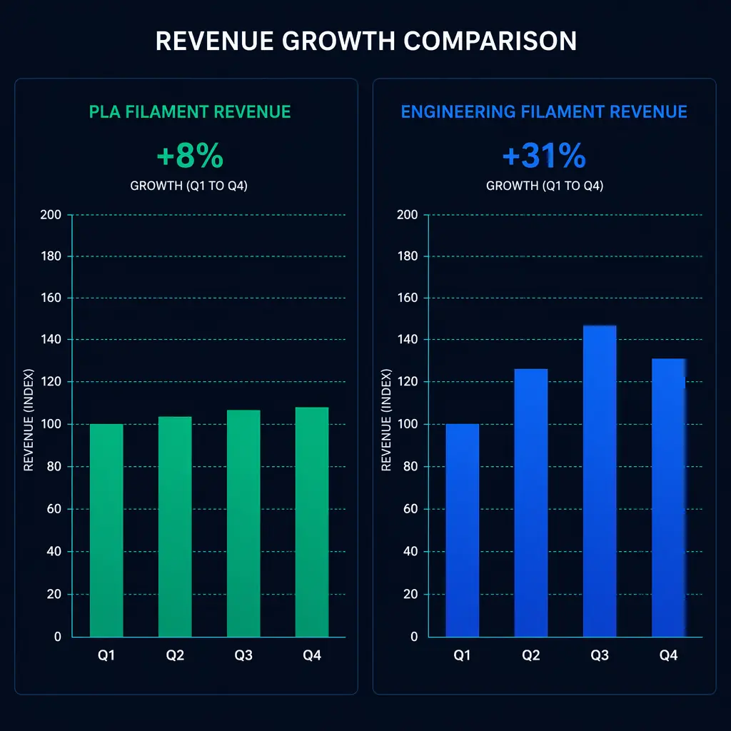 Revenue per customer comparison chart: PLA-only vs engineering filament customers over 12 months