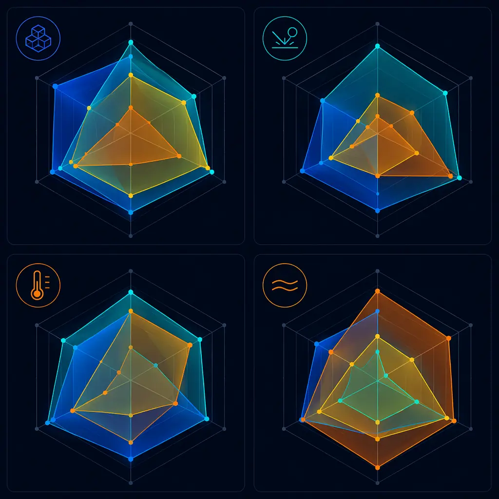 Material properties radar chart comparing stiffness, impact resistance, heat resistance, and flexibility across nylon, carbon fiber, TPU, and polycarbonate