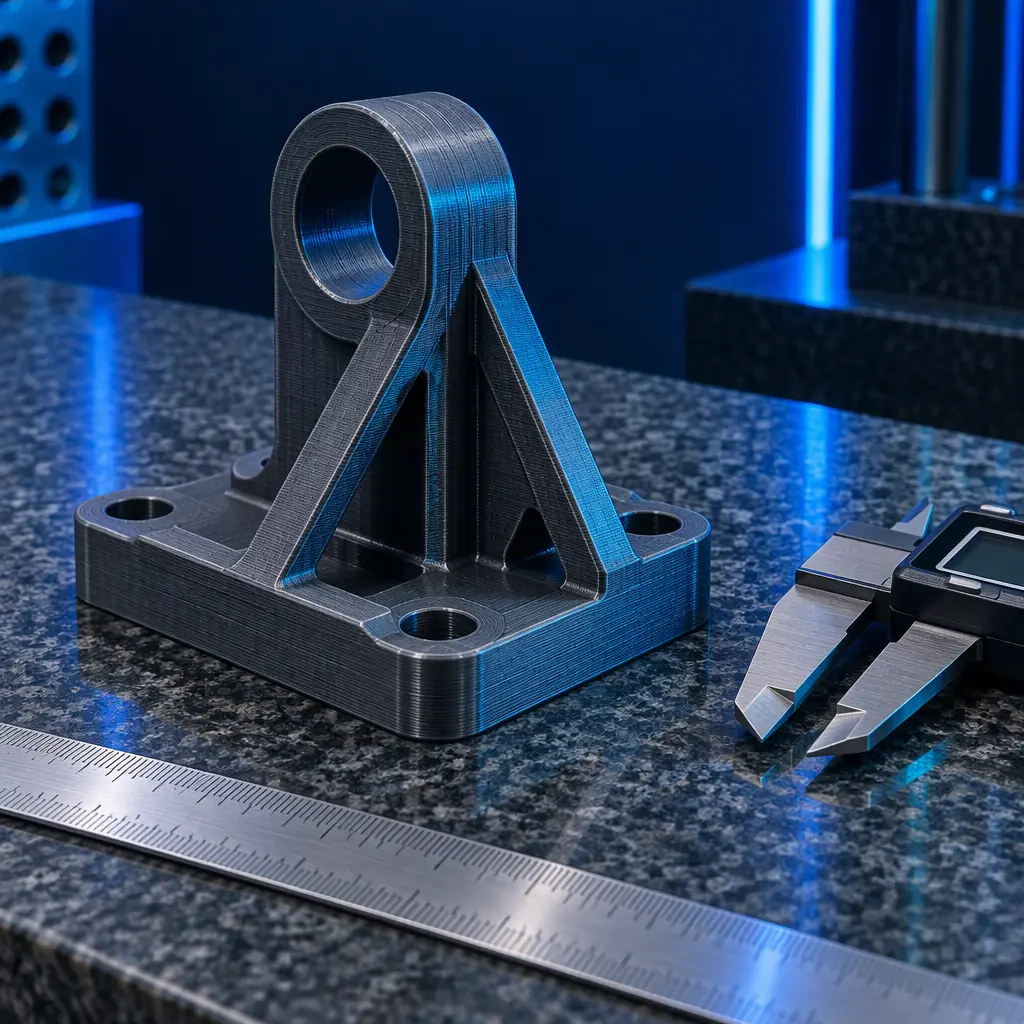 Macro photograph of a 3D printed engineering bracket on a granite surface plate beside a digital caliper and a datum-marked engineering drawing under cool blue studio lighting