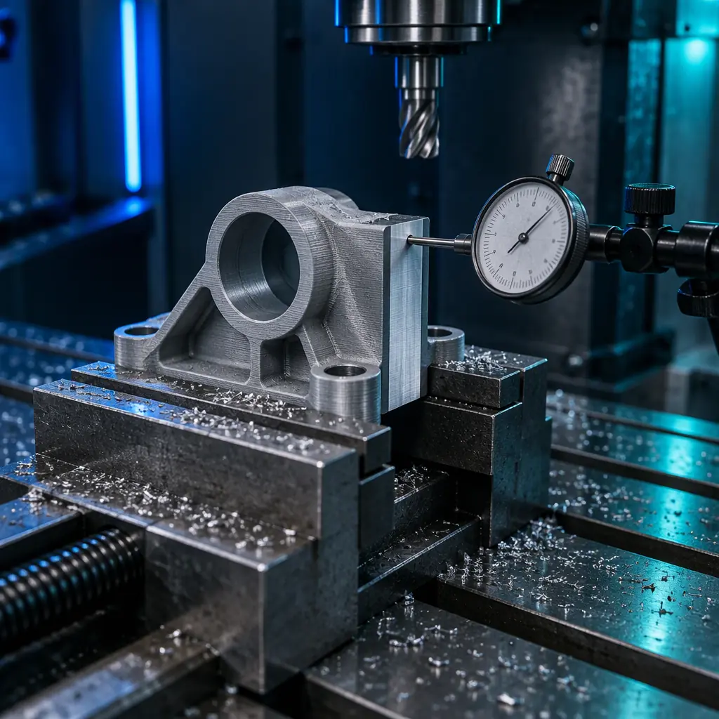 Photograph of a 3D printed engineering component clamped in a machine vise on a CNC mill table with a dial indicator positioned against a machined face, industrial workshop lighting