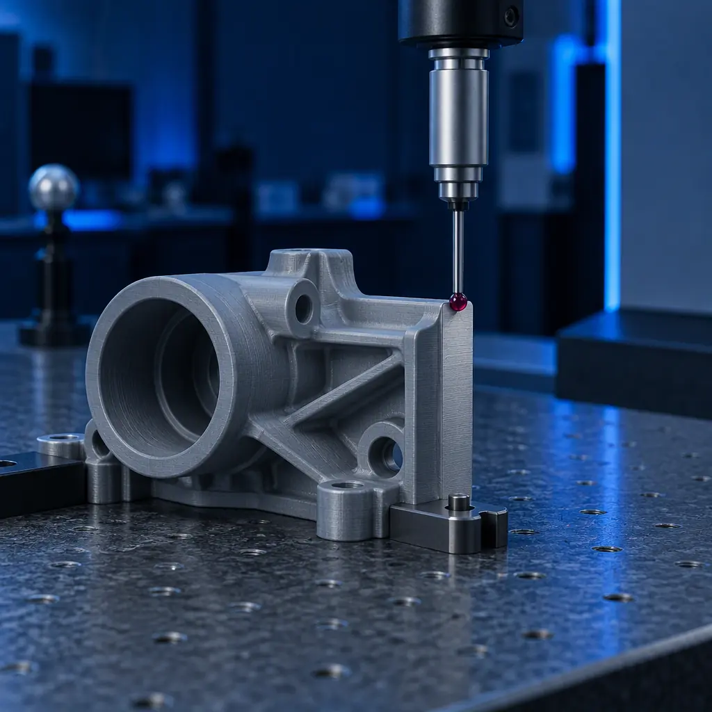 Photograph of a printed engineering part being measured on a coordinate measuring machine table with a probe touching a machined datum face, metrology laboratory with cool blue lighting