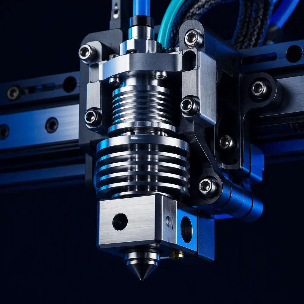 Engineering-grade enclosed 3D printer with active heated chamber printing a polycarbonate part, temperature display and chamber insulation visible, professional lab environment, photorealistic, no people, no text, no logos