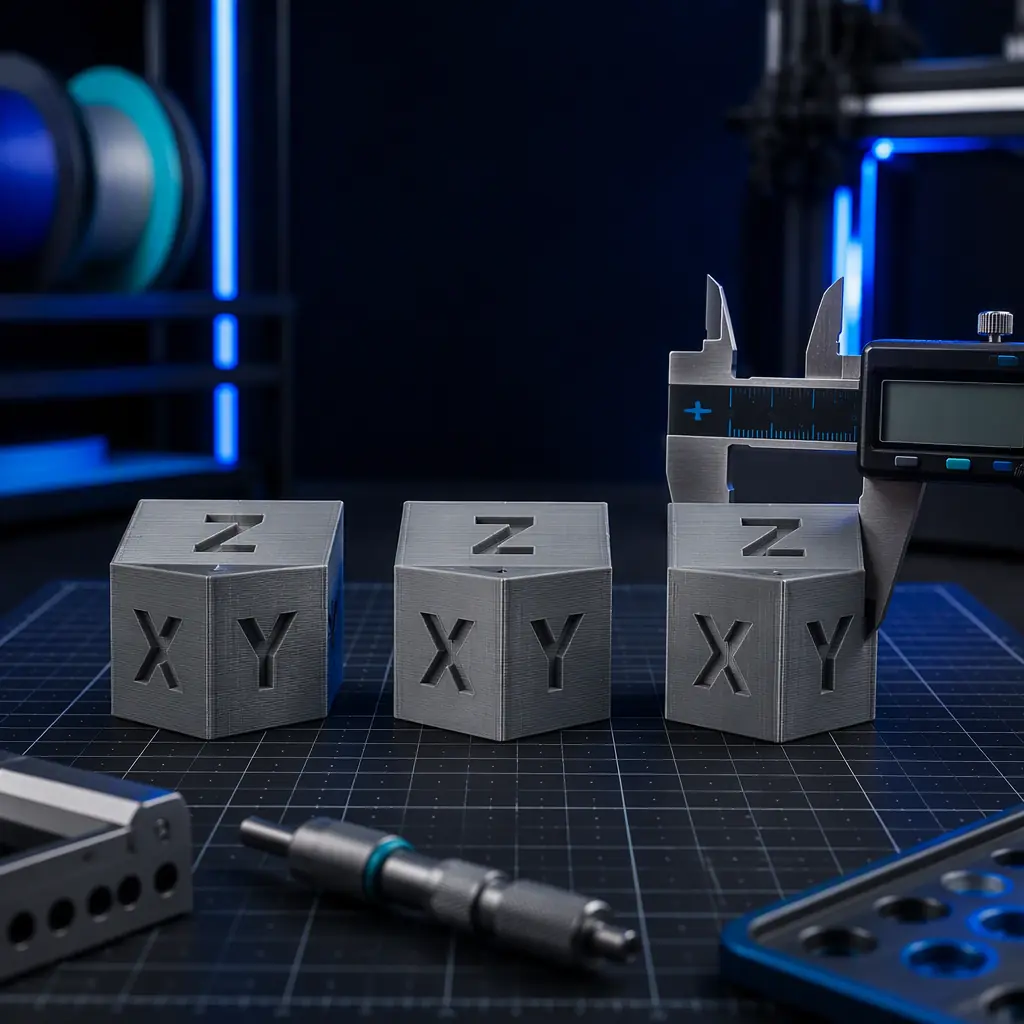 Three identical 3D printed calibration cubes side by side on a workbench with digital calipers measuring dimensions, engineering QA inspection scene, photorealistic, no people, no text, no logos