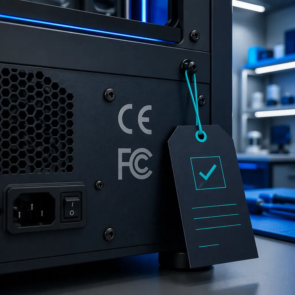 Close-up of CE and FCC certification markings on the back panel of an engineering 3D printer, quality inspection tag attached, clean industrial lab, photorealistic, no people, no text, no logos