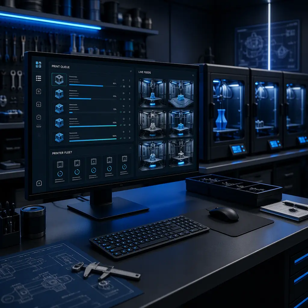 Engineering workstation with 3D printer fleet management dashboard on monitor showing print queues and live camera feeds, multiple enclosed printers in background, modern lab, photorealistic, no people, no text, no logos