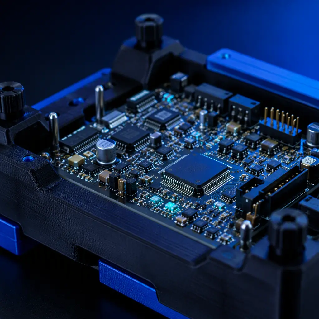 Macro close-up of a populated printed circuit board held in a 3D printed ESD-safe jig, clean electronics assembly environment