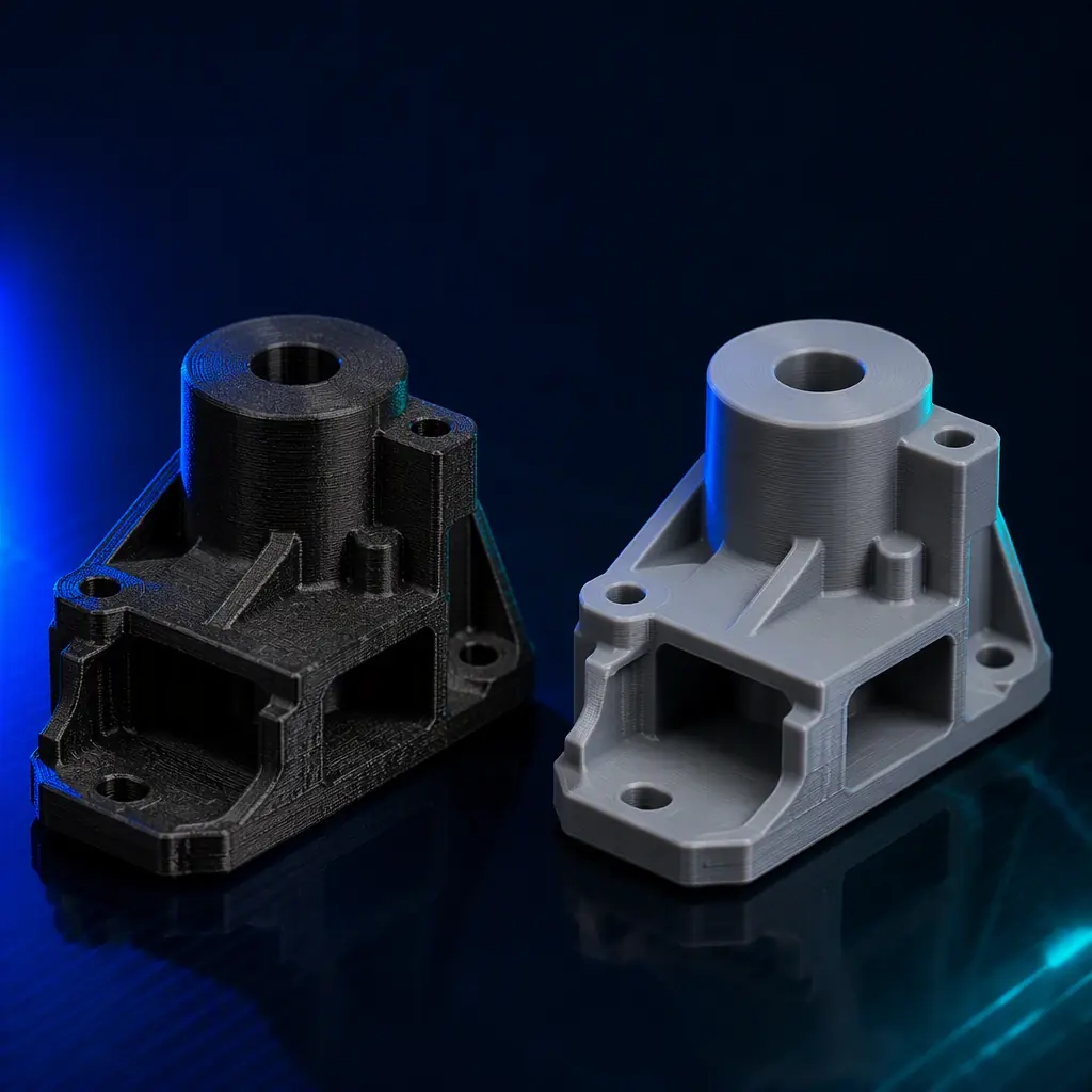 Side-by-side 3D printed parts, one in matte black carbon-filled anti-static material and one in plain insulative grey PLA, macro detail