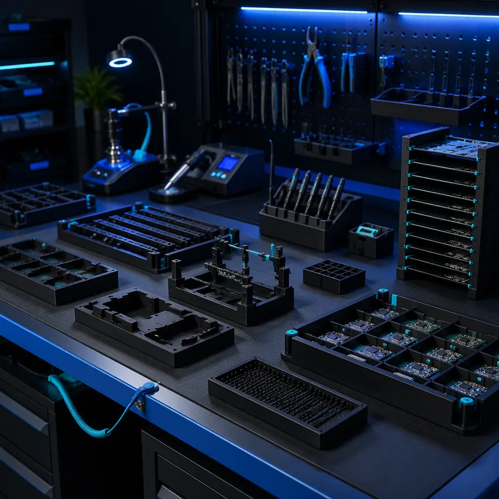 Array of 3D printed black ESD-safe fixtures and trays on a grounded multi-station workbench, organised electronics assembly area