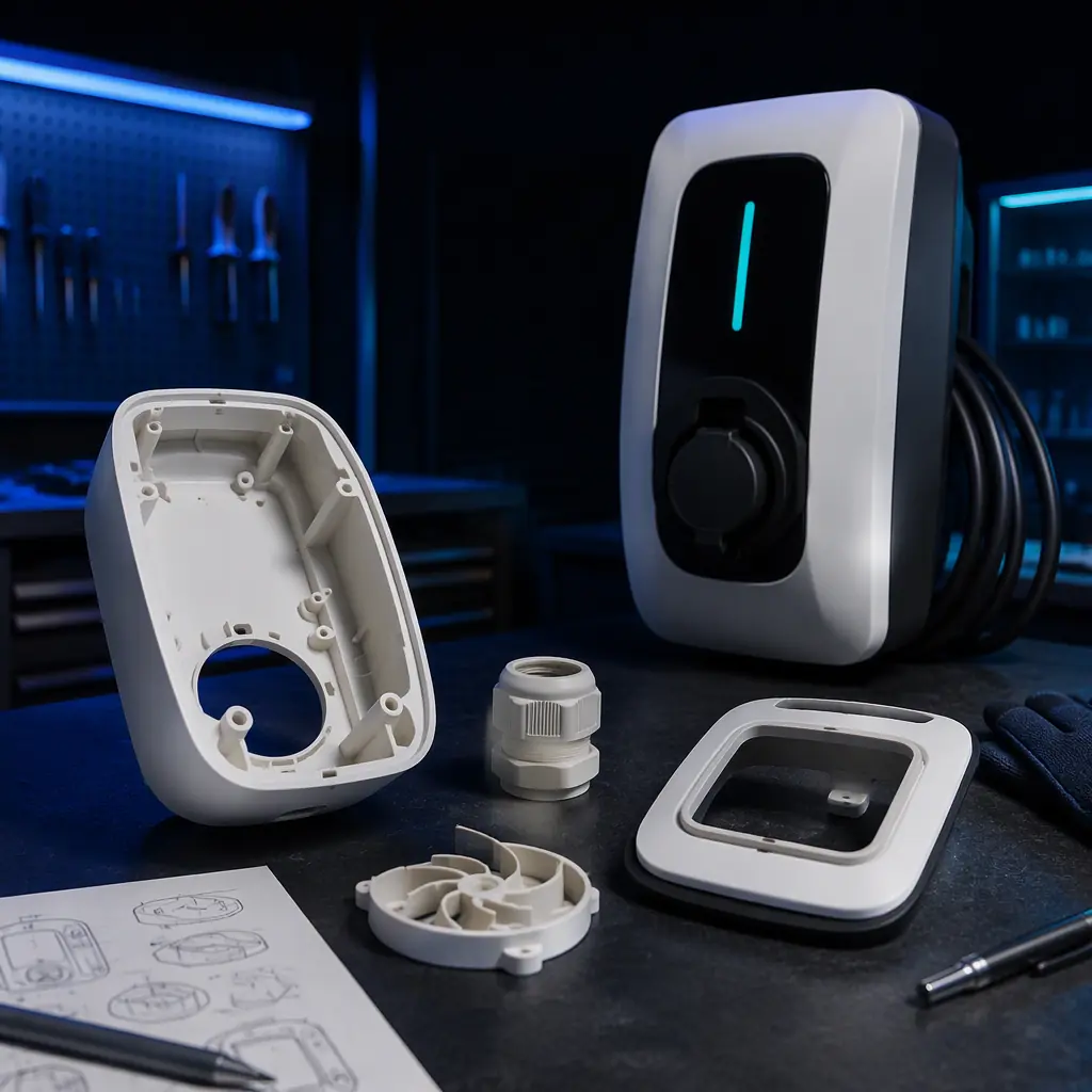 3D printed EV charging wallbox components on an engineering bench: flame-retardant PC housing, cable gland, airflow vane, and display bezel, prototype wallbox in background, electronics lab lighting