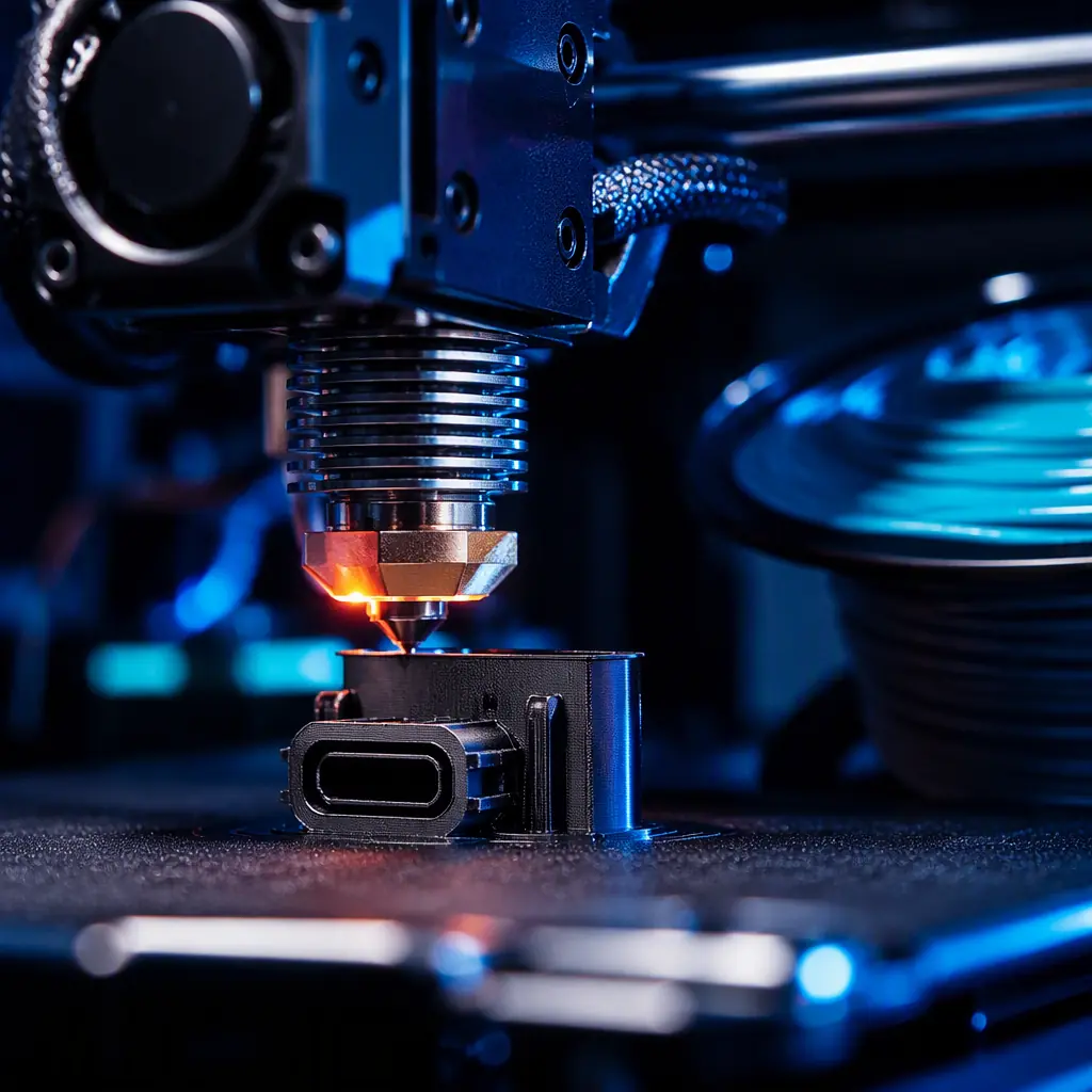 Macro close-up of flame-retardant PC charging connector housing being printed on an enclosed 3D printer, UL94 V-0 rated filament spool visible, thermal camera overlay hinting at heated chamber control, engineering lab setting