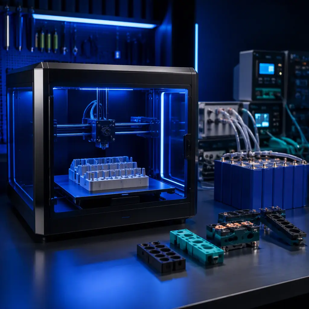 Enclosed 3D printer on an ESD-safe workbench inside a battery R&D lab, printed cell holder fixture on build plate, busbar insulator prototypes on the bench, battery test equipment in background with cooling lines, clean lab lighting