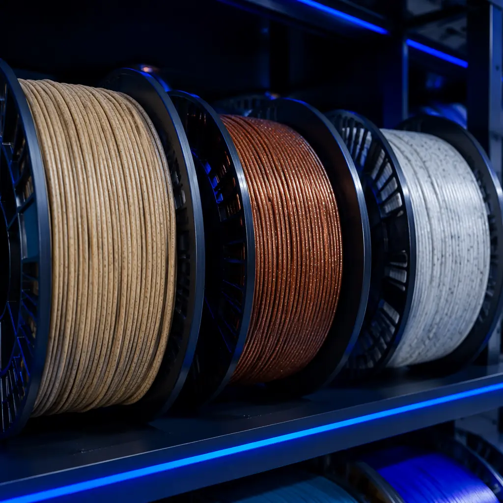 Assortment of exotic filament spools arranged on industrial shelving — wood-filled, marble, metal-filled copper and bronze, silk PLA in jewel tones — with a 3D printer visible in background, deep navy wall with electric blue accent lighting, modern warehouse aesthetic