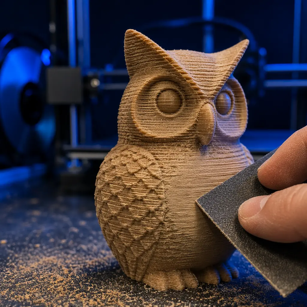Close-up of a wood-filled PLA 3D printed decorative object being hand-sanded with fine grit sandpaper, visible wood grain texture on the surface, wood dust particles in the air, warm workshop lighting, deep navy background
