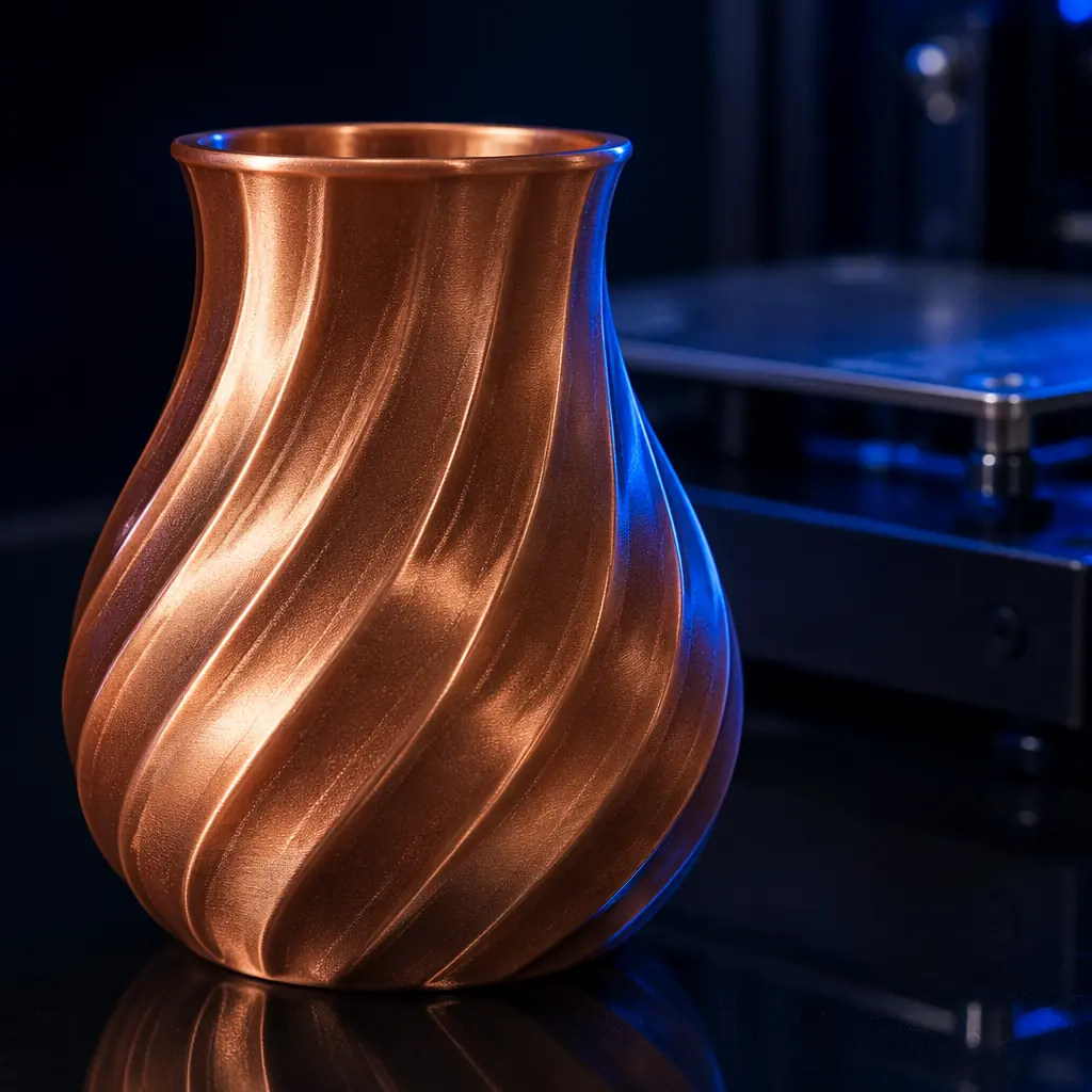 Metal-filled PLA 3D printed decorative object after polishing to a bright metallic sheen, copper and bronze tones catching the light, placed on dark surface next to polishing tools and buffing compound, deep navy background with electric blue accent light