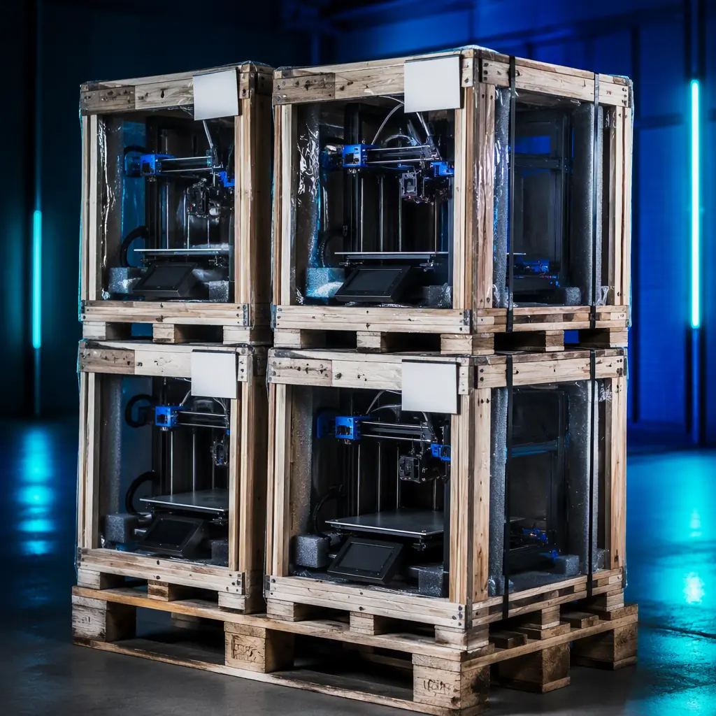 3D printers in export crates on a warehouse pallet, with shipping labels and documentation in view