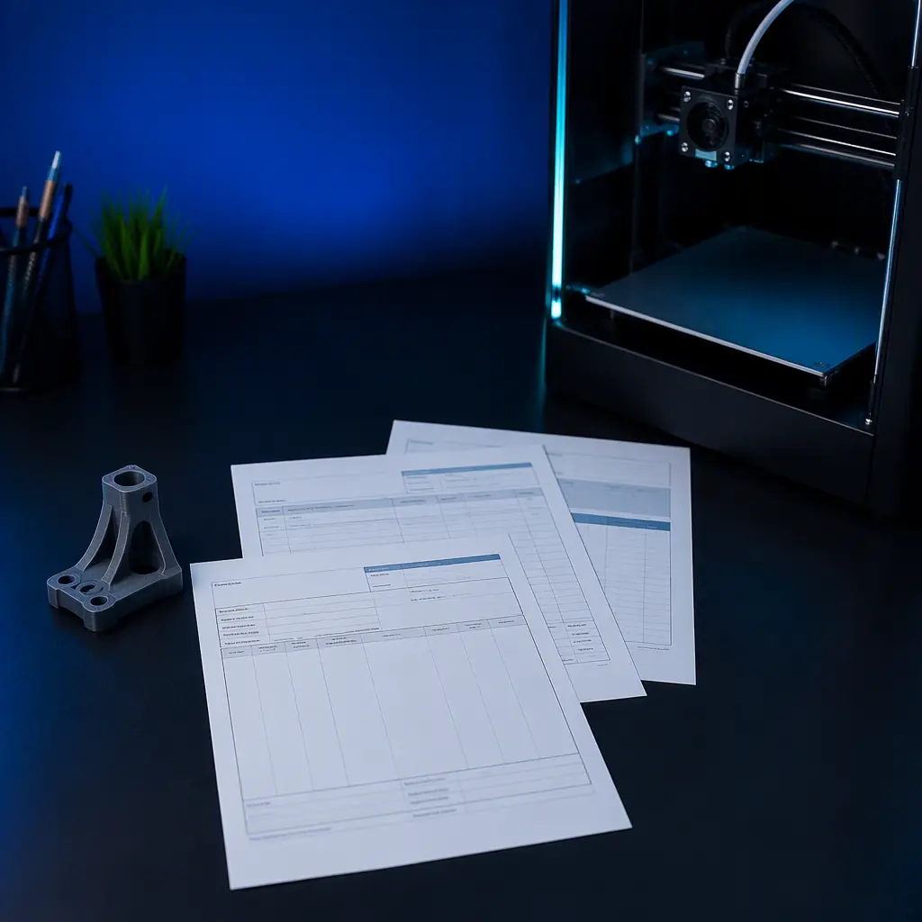 A completed export documentation packet with invoice, packing list and waybill laid out on a desk
