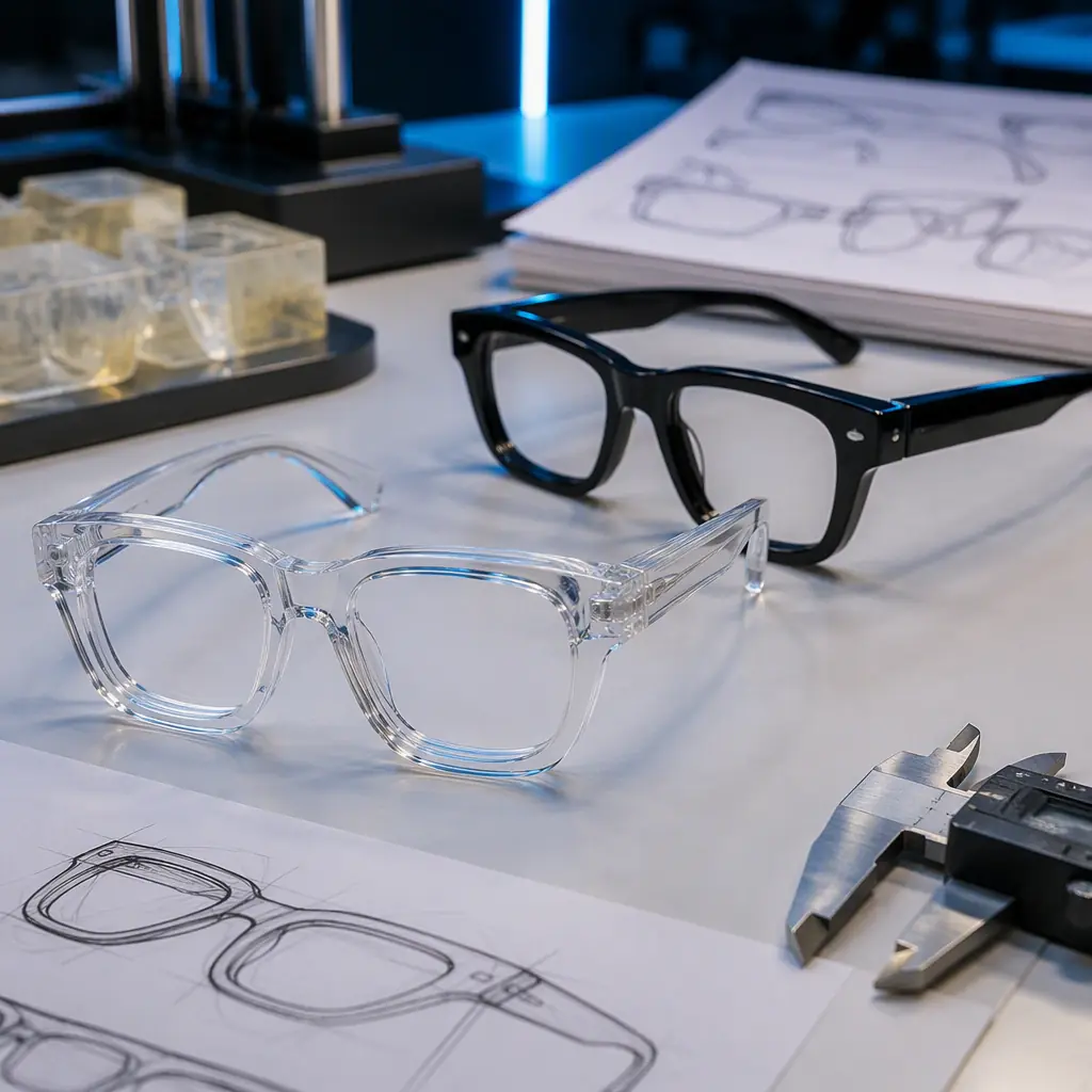Resin 3D printed eyewear frames in clear and black resin on a design studio desk, calipers and sketch drawings beside them, studio lighting