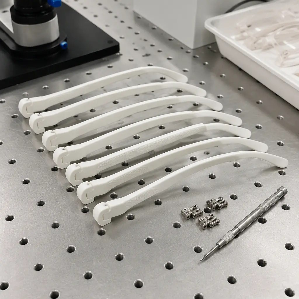 3D printed nylon eyeglass temples in a row on an optical lab workbench, hinge components and screwdriver beside them, clean lab lighting