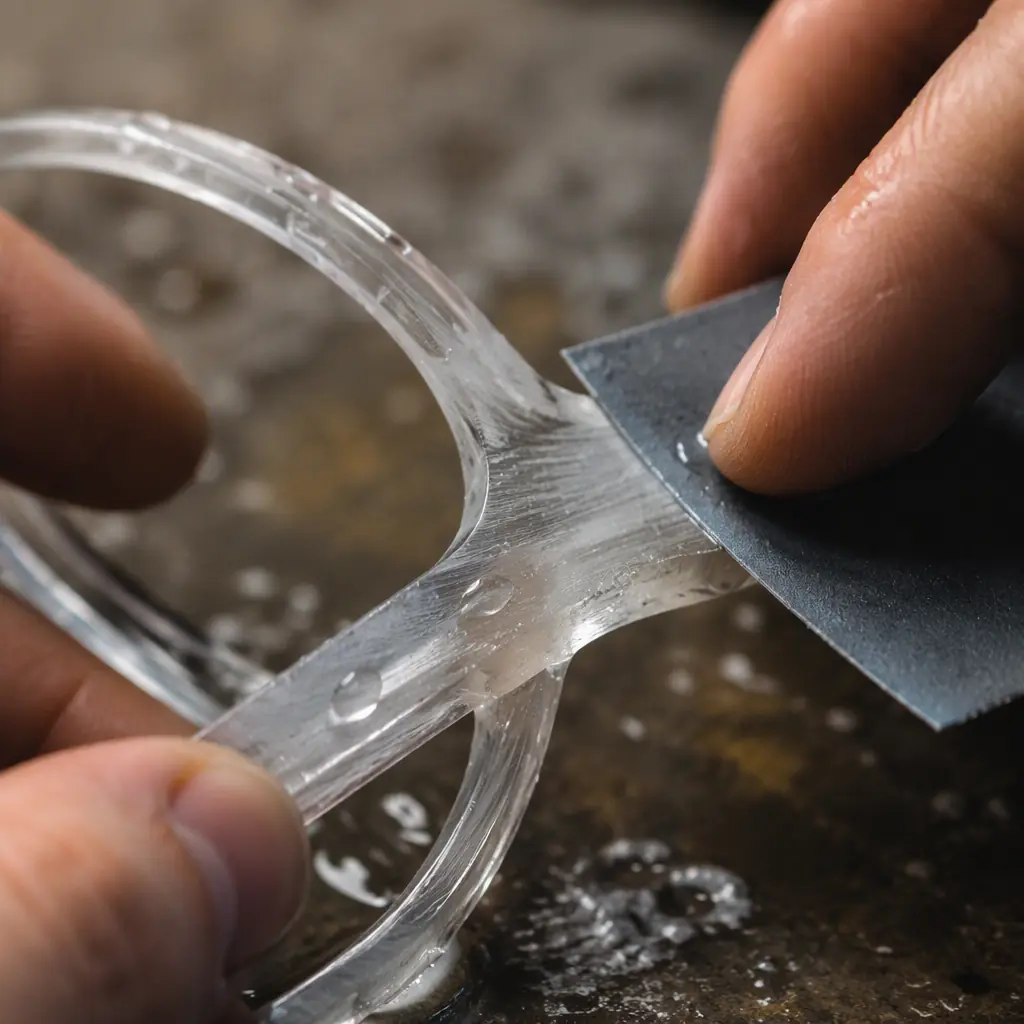 Macro close-up of a clear resin eyeglass frame being wet-sanded with fine grit paper, water droplets on the surface, layer lines fading to smooth, workshop bench