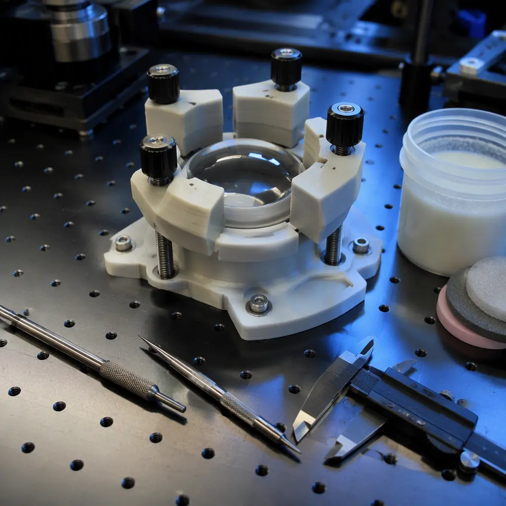 3D printed lens polishing fixture holding a glass lens on an optical lab bench, abrasive slurry container beside it, precision tools, clean industrial lighting