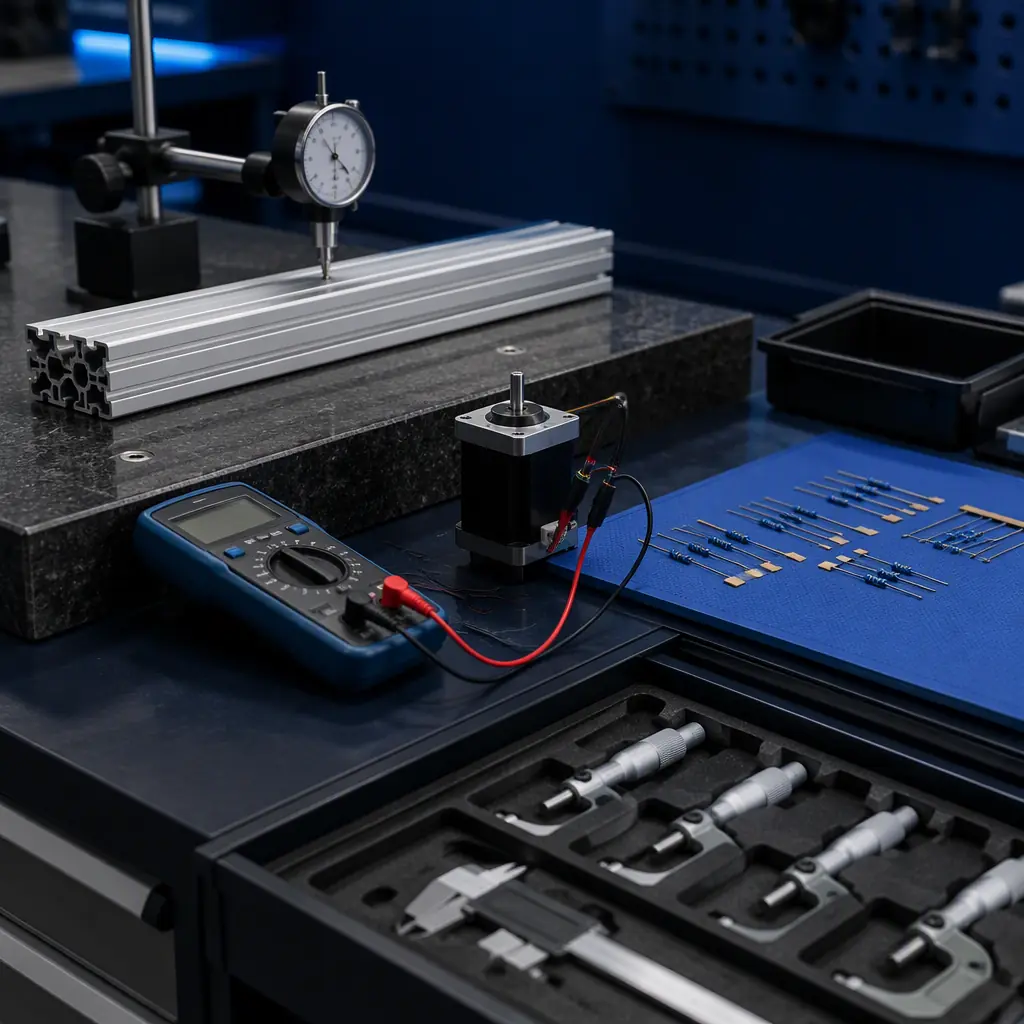 Quality control workstation in 3D printer factory — granite surface plate with dial indicator measuring aluminum extrusion straightness, digital multimeter testing stepper motor coils, reference resistors for thermistor verification, organized tools on anti-static mat, factory floor lighting