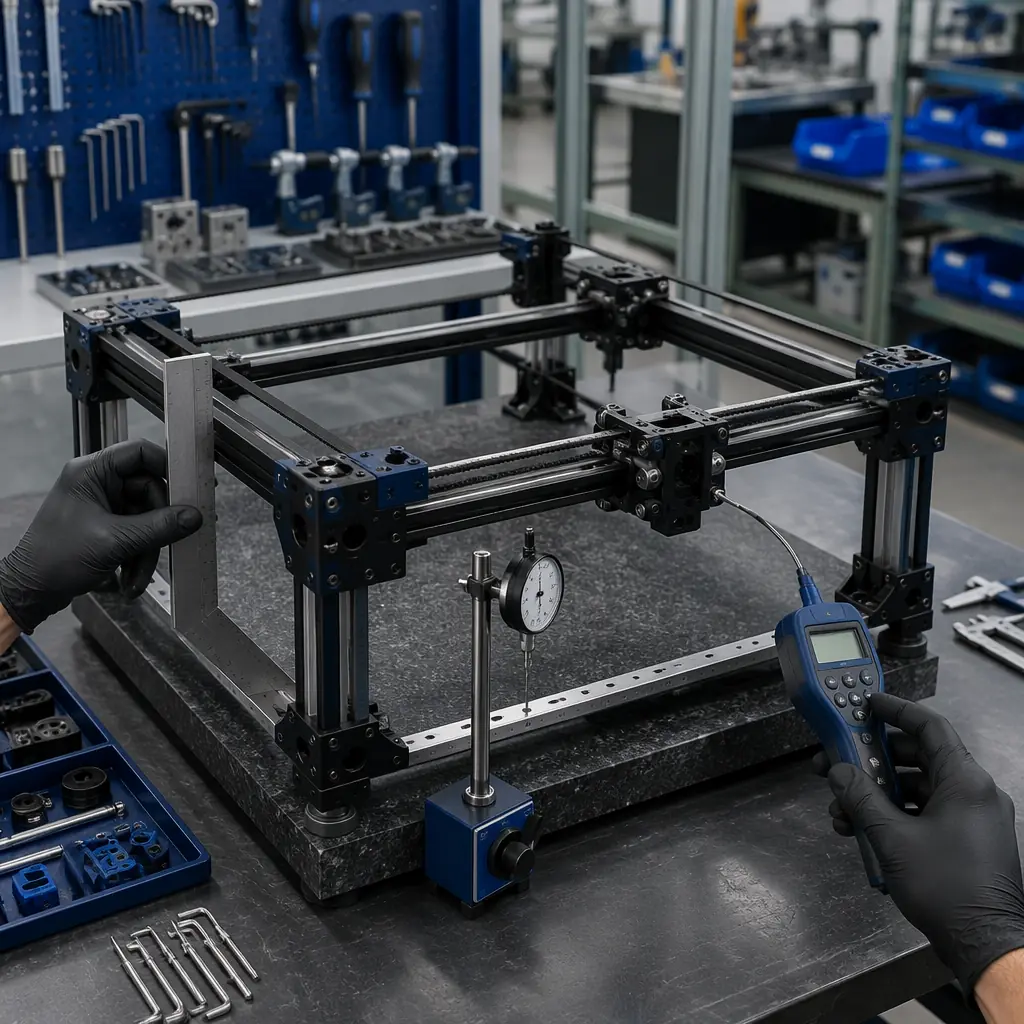 3D printer frame assembly station — partially assembled CoreXY frame on granite surface plate, machinist's square checking corner alignment, dial indicator on magnetic base measuring linear rail parallelism, GT2 belts being tensioned with frequency meter, clean factory environment with organized tool stations