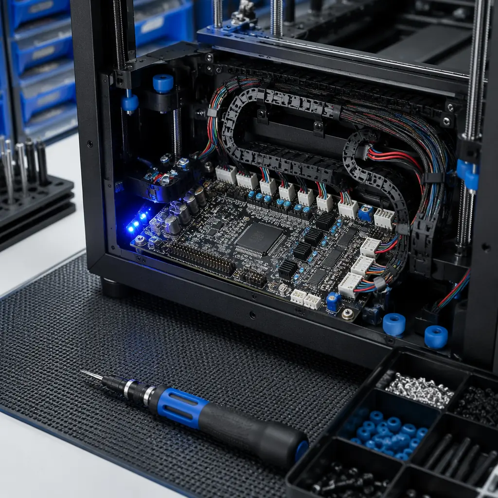 3D printer electronics integration station — open electronics bay showing motherboard with TMC drivers, cable chain routing, silicone-grommeted standoffs, torque screwdriver on workbench, organized wiring harnesses with labeled connectors, anti-static workstation mat