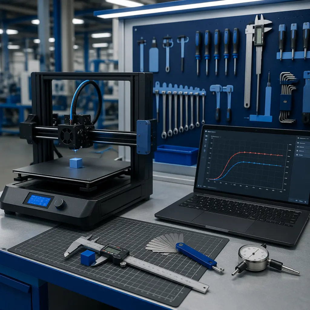 3D printer calibration station — printer mid-print on calibration cube, digital calipers measuring completed cube on workbench, feeler gauge set next to printer bed, PID tuning graph displayed on connected laptop screen, organized calibration tools in foam-cut drawer