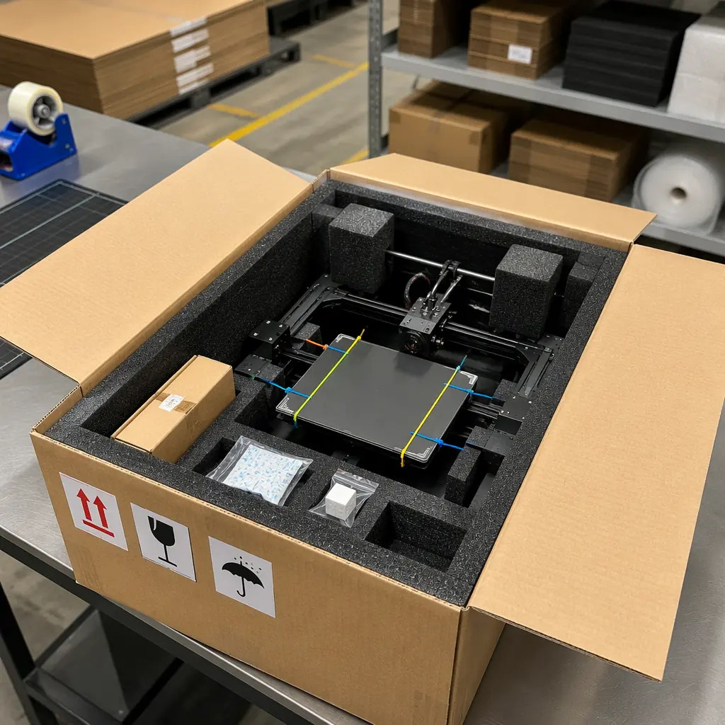 3D printer packaging station — printer secured in HDPE foam insert inside double-wall cardboard carton, foam blocks locking gantry and bed position, silica gel pack visible, calibration cube in sealed bag next to accessories box, export labels with handling symbols on carton exterior, warehouse packing area