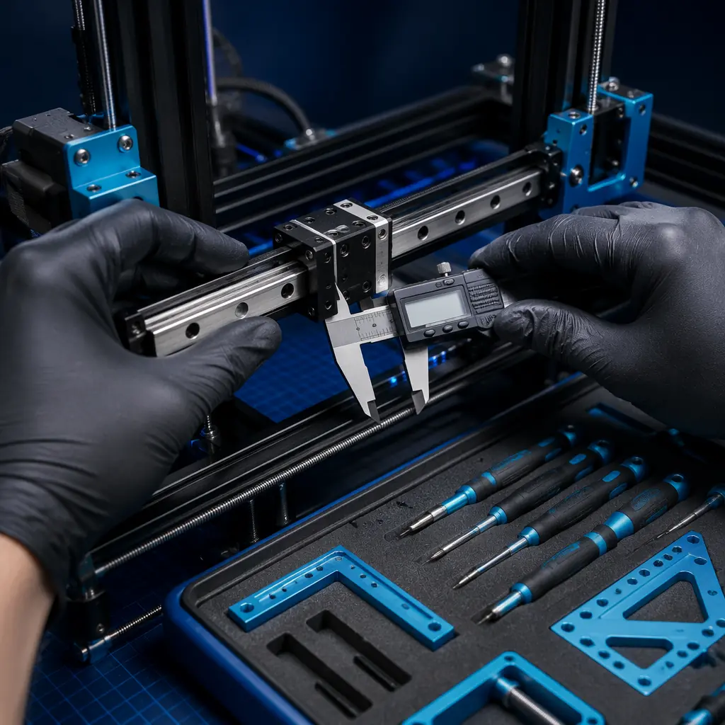 Quality inspection station in 3D printer assembly line, technician using digital calipers on linear rail assembly, multiple partially assembled 3D printers on workbenches in background with clean organized tooling