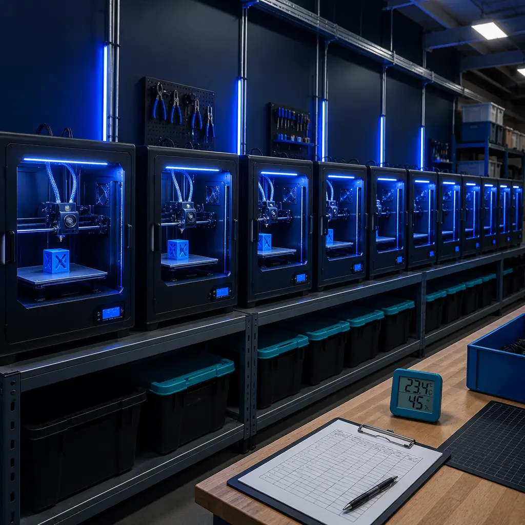Rows of identical 3D printers running synchronized burn-in test prints in print farm configuration, LED-lit enclosures, inspection clipboard and digital thermometer on nearby workbench, industrial warehouse setting