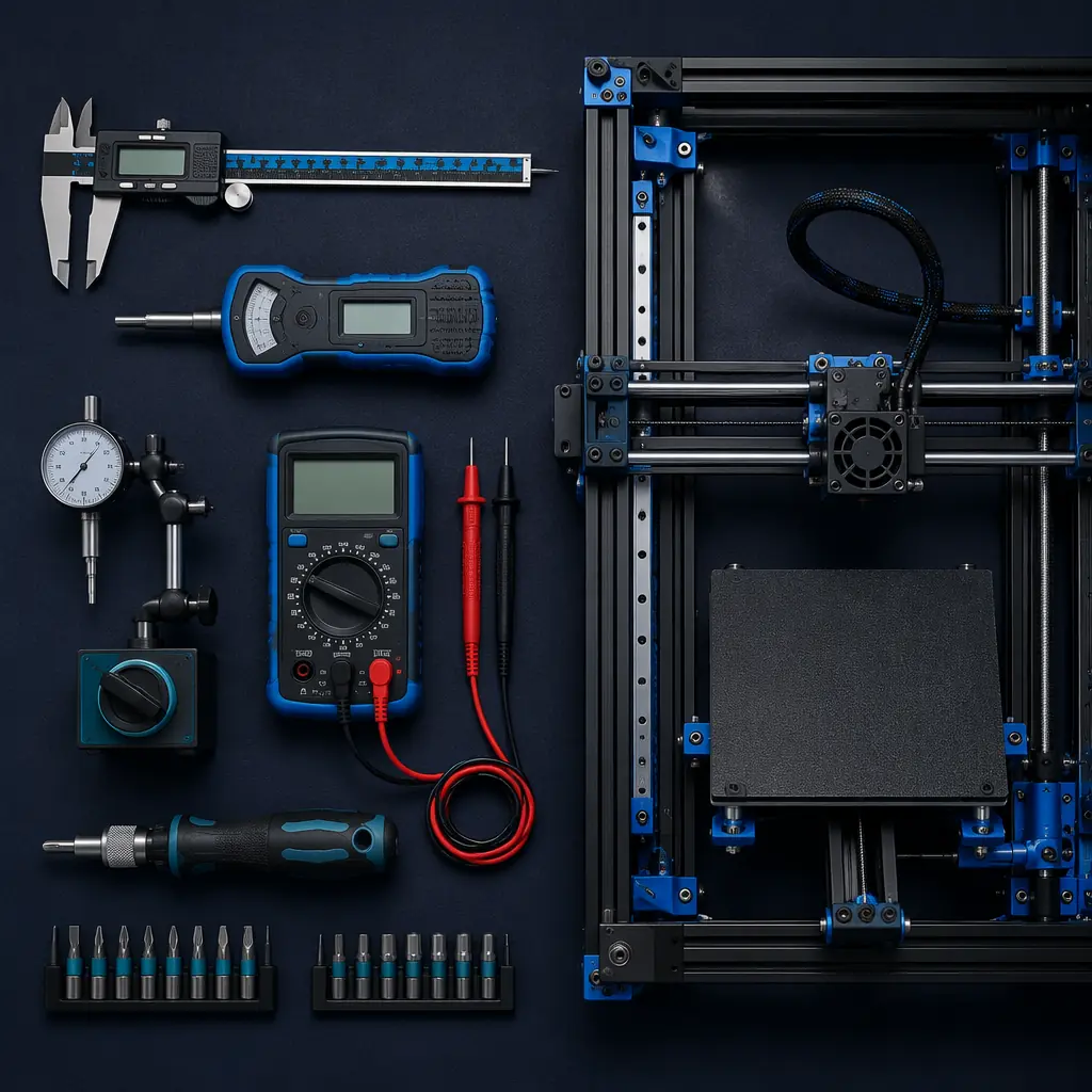 Precision measurement tools on anti-static workbench: digital calipers, belt tension gauge, dial indicator on magnetic stand, multimeter with probe leads, torque driver with bits, all arranged beside partially assembled 3D printer frame