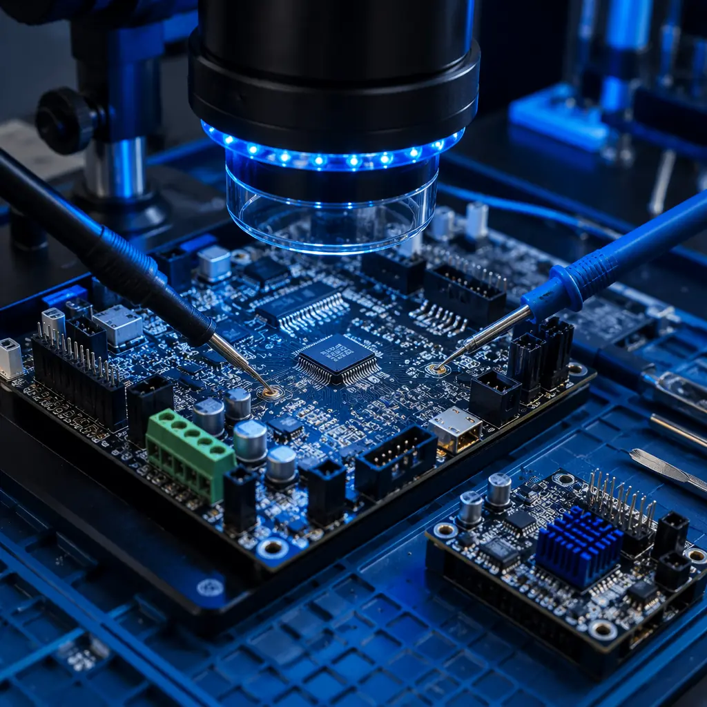 PCB inspection station with digital microscope, 3D printer mainboard under magnification showing solder joints and component placement, test probes connected, anti-static mat with organized component trays