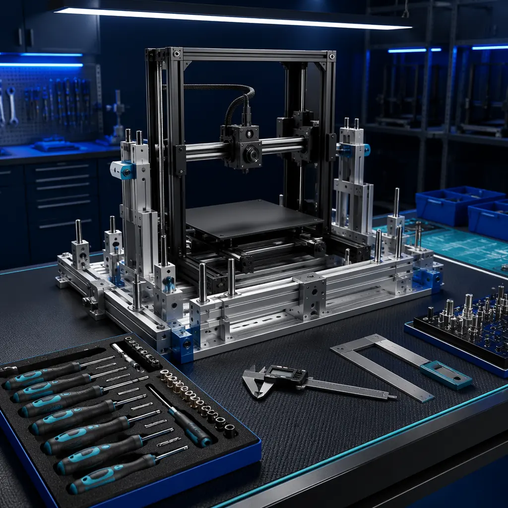 Clean assembly workbench with 3D printer frame in assembly jig, torque driver set organized in foam tray, digital calipers, alignment squares, all tools in designated positions on anti-static mat with overhead task lighting